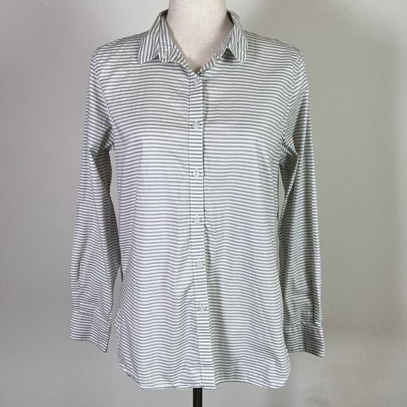 Garnet Hill Button Up Shirt Women's 8 Organic Cotton Striped White/Grey Collared - Picture 1 of 15